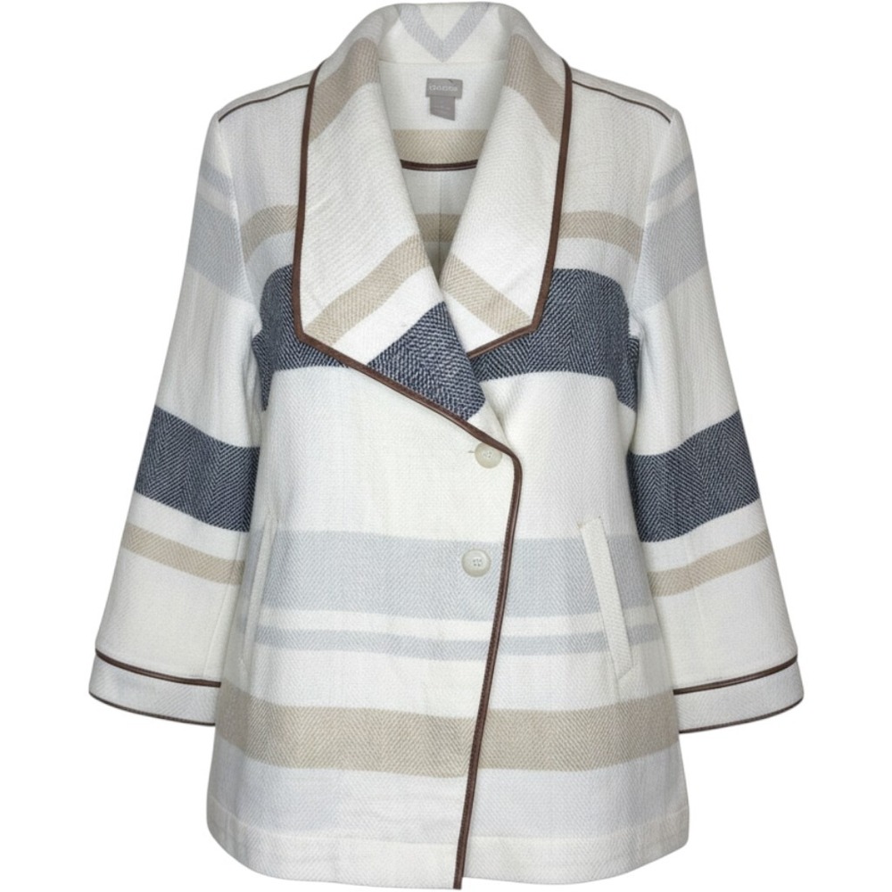 Chicos Striped Herringbone Blazer Jacket White Navy Tan Size 2